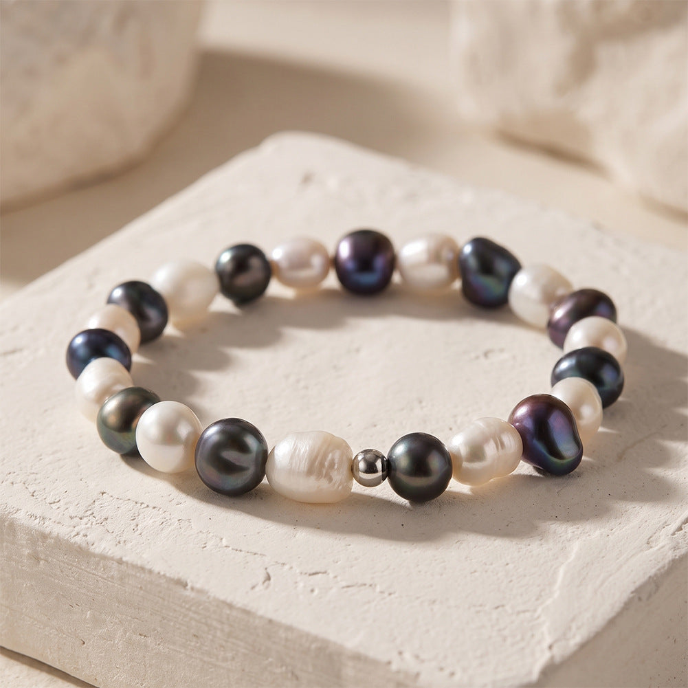 Stretch Beaded Bracelet, Mixed Black Peacock & White Baroque Freshwater Pearls with Polished Silver Metal Spacer Beads, Irregular Natural Pearl Luster
