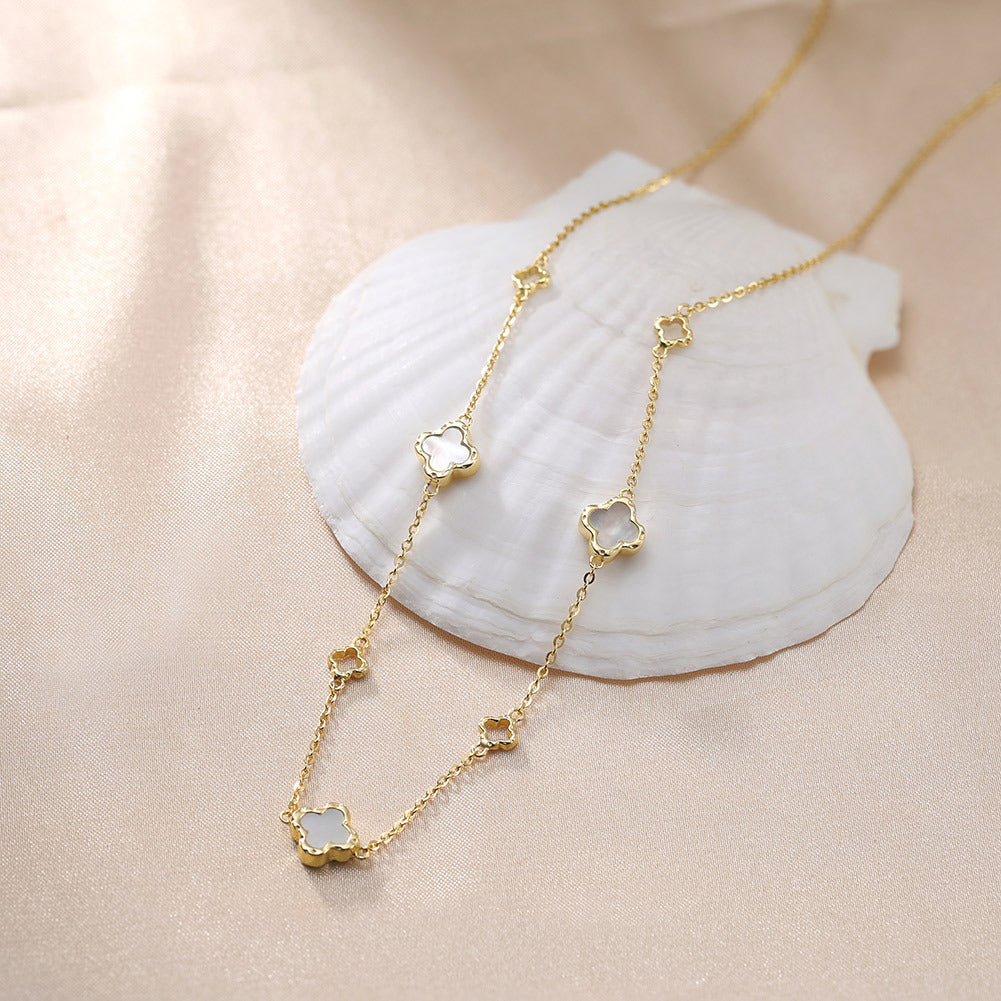 Silver Mother of Pearl Clover Station Necklace, Hollow Outline Four Leaf Clover with Natural White Mother of Pearl Inlay