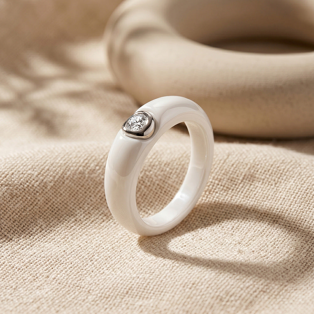 White Ceramic Ring with Gold Plated Stainless Steel Bezel Set Round CZ, Glossy Wide Band