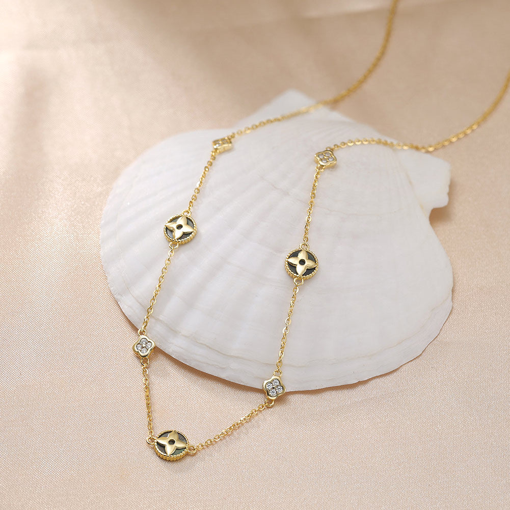 Silver Four Leaf Clover Station Necklace, Inlaid Mother of Pearl & Cubic Zirconia Clover Charms Dainty Cable Chain