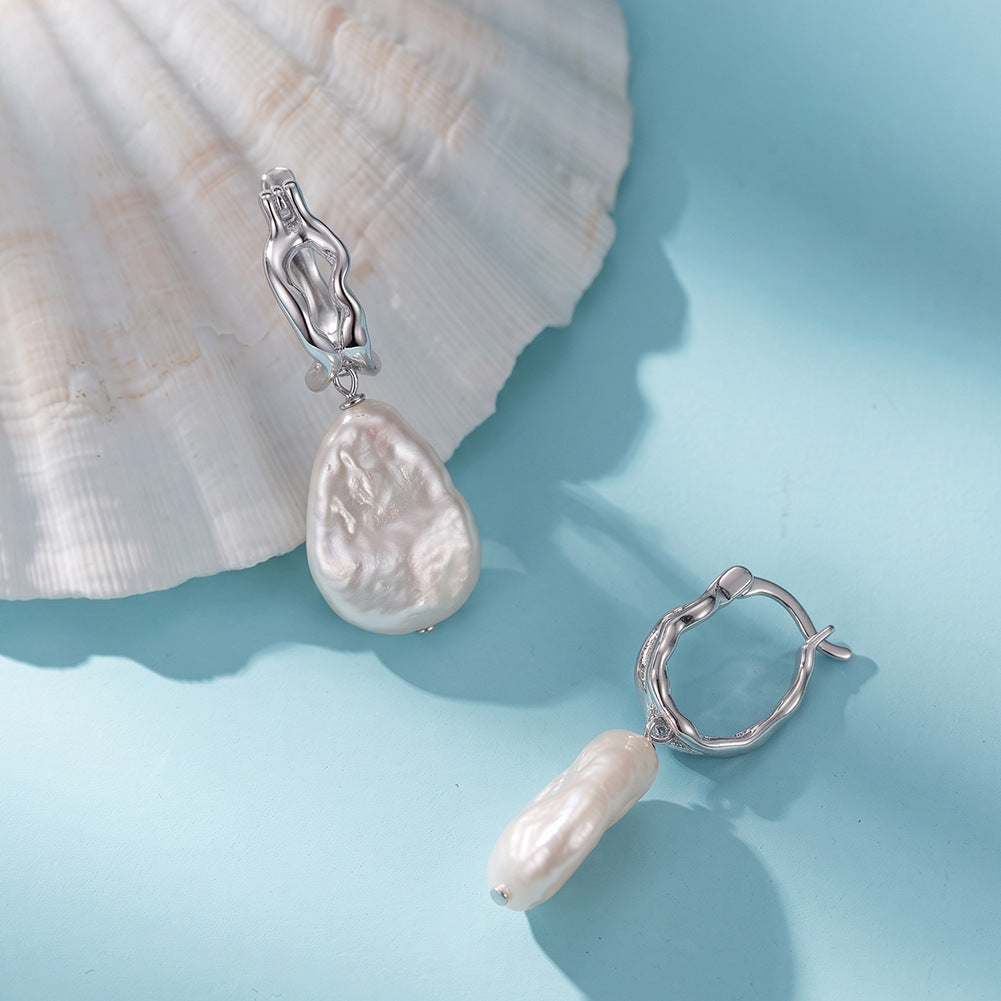 S925 Silver Irregular Wavy Hoop Earrings with Teardrop Baroque Freshwater Pearl, Organic Shape Pearl Hoop Drop Earrings