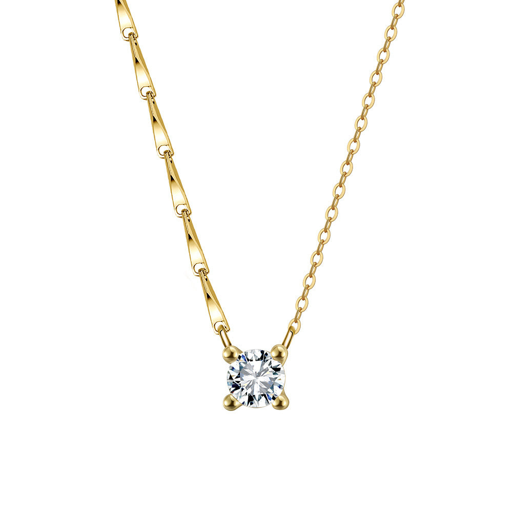 Silver Stainless Steel Solitaire Round CZ Necklace, Four Prong Single Clear Zircon Pendant Mixed Twisted & Cable Chain