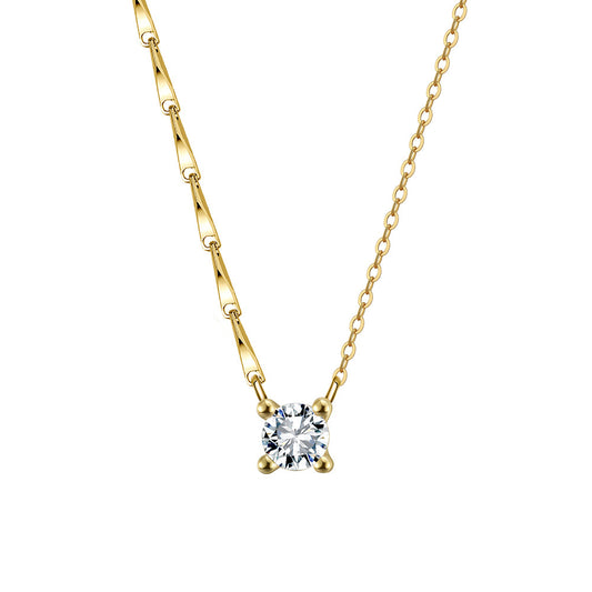 Silver Stainless Steel Solitaire Round CZ Necklace, Four Prong Single Clear Zircon Pendant Mixed Twisted & Cable Chain