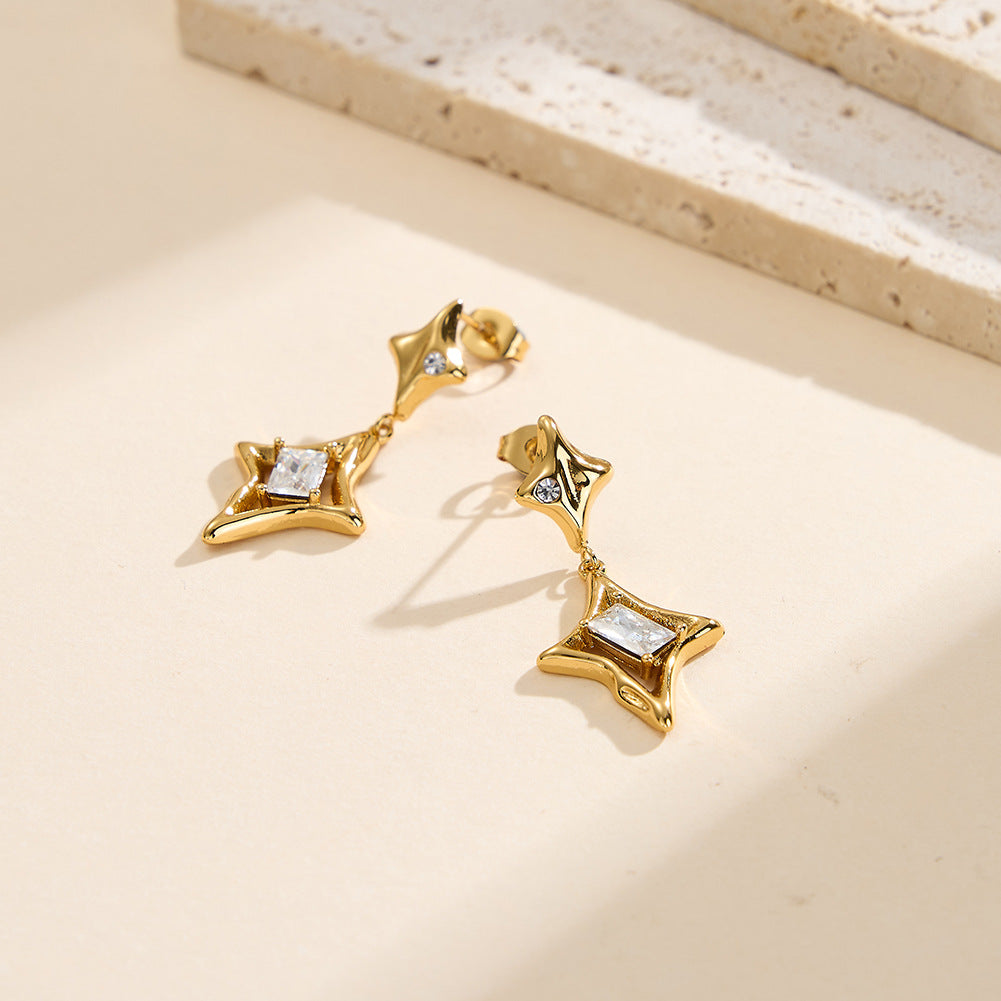 Gold Plated Stainless Steel Hollow Star Shape CZ Drop Stud Earrings