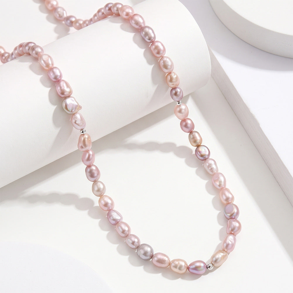 Soft Pink Iridescent Baroque Freshwater Pearl Full Strand Necklace, Pastel Pink Organic Shape Pearls S925 Silver Chain