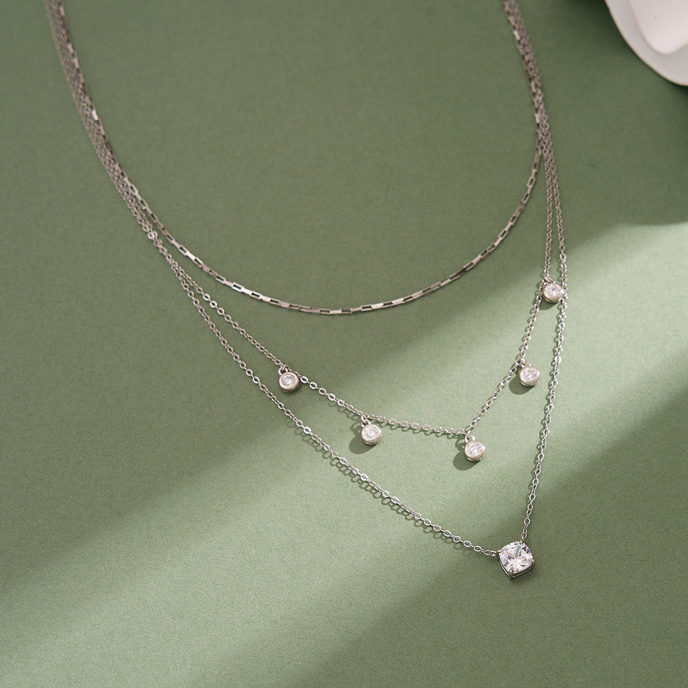 Gold Stainless Steel 3 Layer Stacked Necklace, Bezel CZ Station & Square CZ Pendant Triple Chain Set