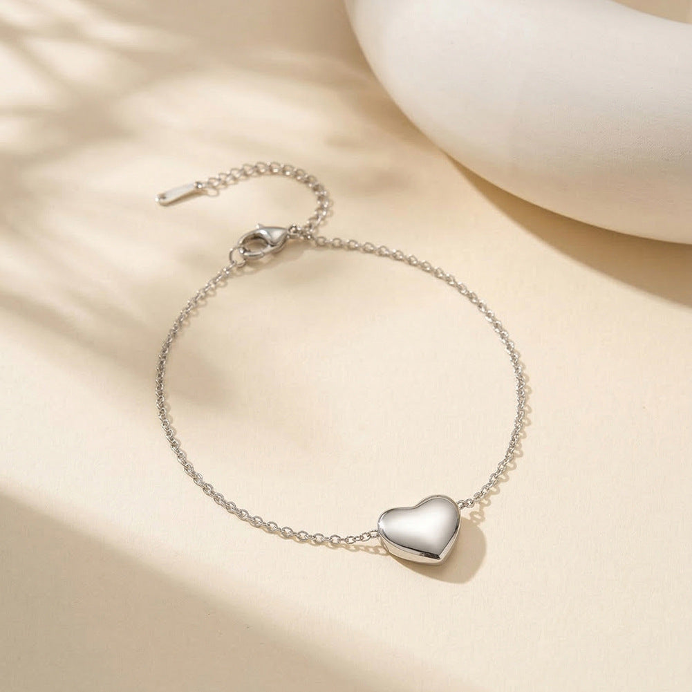 Gold Plated Stainless Steel Puffy Heart Bracelet, Solid 3D Heart Charm on Thin Adjustable Cable Chain