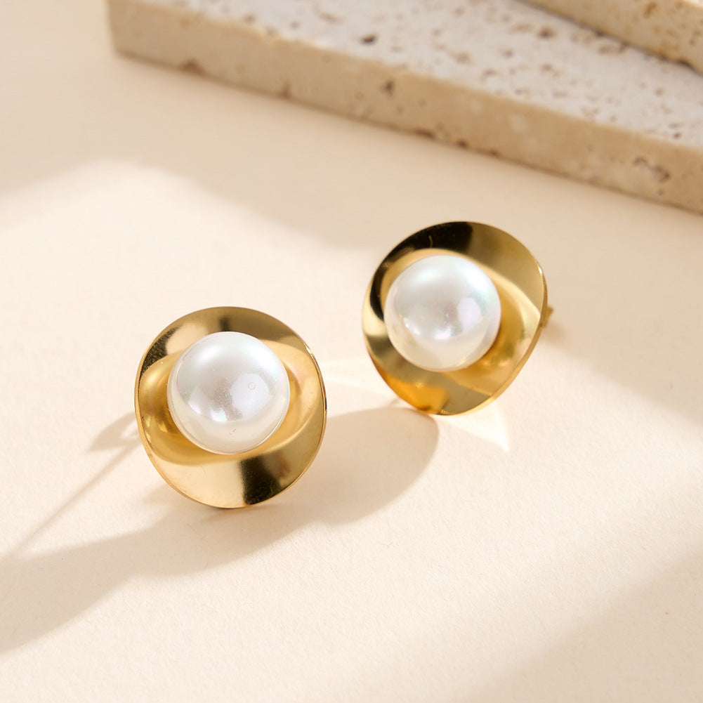 Gold Plated Stainless Steel Curved Disk Stud Earrings Centered with Large Imitation Pearl