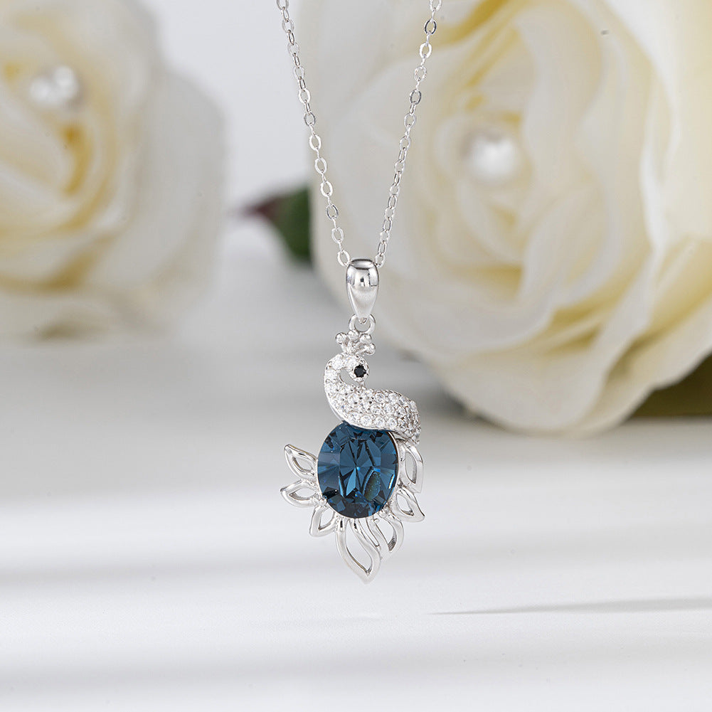 Silver Stainless Steel Peacock Pendant Necklace, Oval Deep Blue CZ with Paved Clear CZ Peacock Charm Necklace