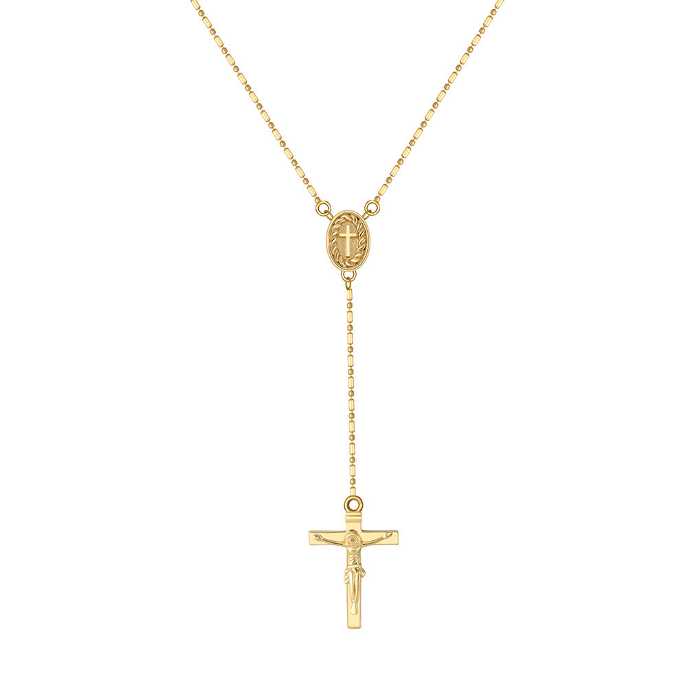 Gold Stainless Steel Rosary Y Lariat Necklace, Beaded Ball Chain with Oval Virgin Mary Medal and Jesus Crucifix Cross Pendant