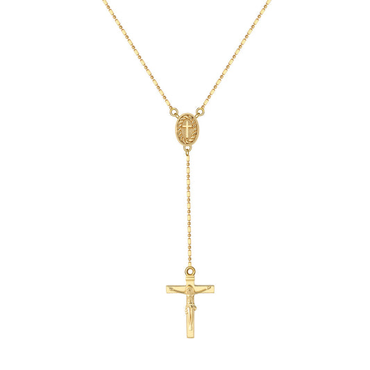 Gold Stainless Steel Rosary Y Lariat Necklace, Beaded Ball Chain with Oval Virgin Mary Medal and Jesus Crucifix Cross Pendant