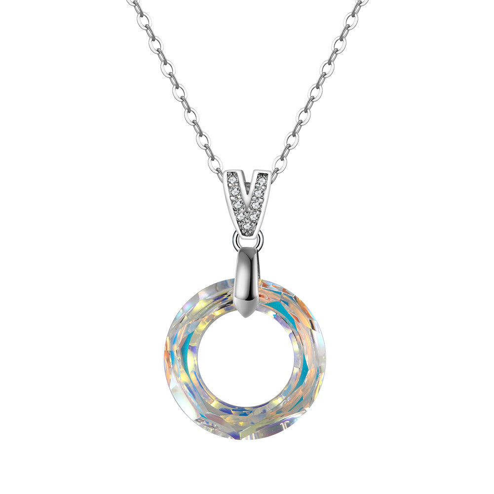 Silver Stainless Steel AB Color Spike Crystal Pendant Necklace, Aurora Borealis Cone Crystal with Paved CZ Bail