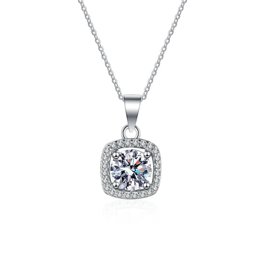 925 Sterling Silver Round Moissanite Halo Pendant Necklace