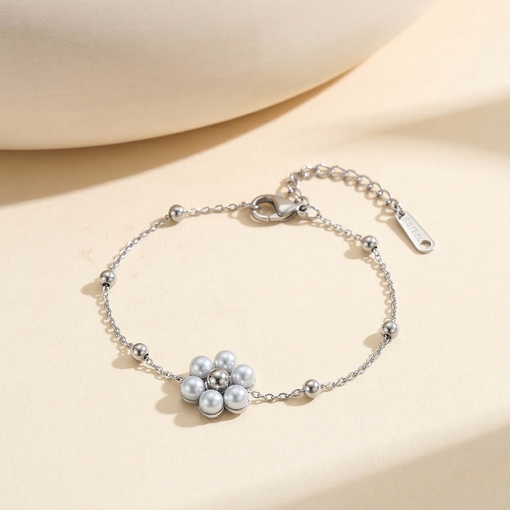Gold Plated Stainless Steel Thin Cable Chain Bracelet, Pearl Daisy Flower Charm & Polished Metal Spacer Beads, Adjustable