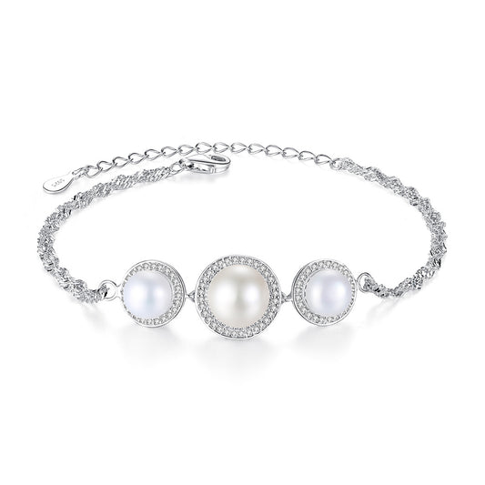 925 Sterling Silver Natural Pearl Bracelet Fashion Jewelry Gift for Women Girls