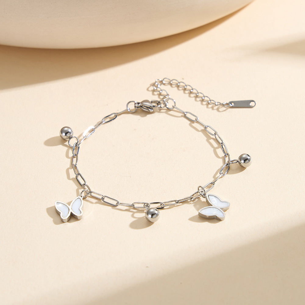 Silver Stainless Steel Paperclip Chain Butterfly Bracelet, 2 Mother of Pearl Butterfly Charms & Polished Round Ball Beads