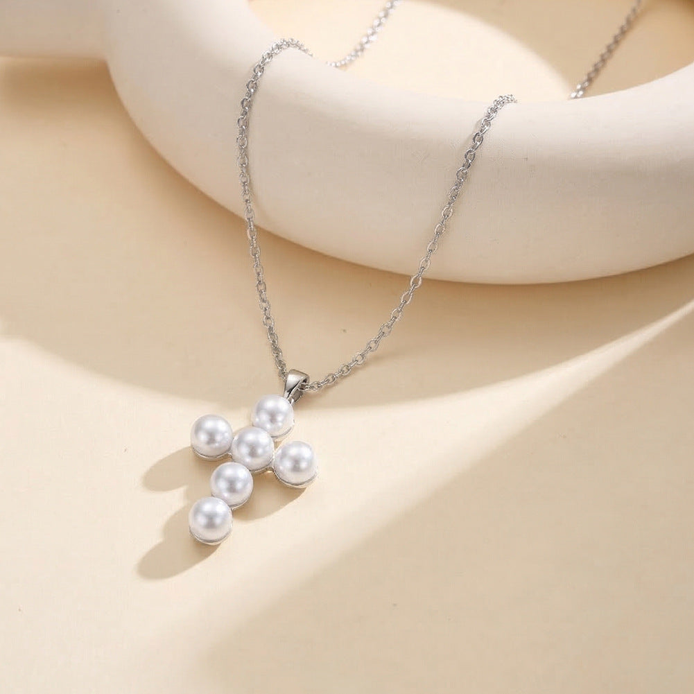 Gold Stainless Steel Pearl Cross Necklace, 6 Round White Imitation Pearl Cross Pendant, Dainty Rolo Link Chain