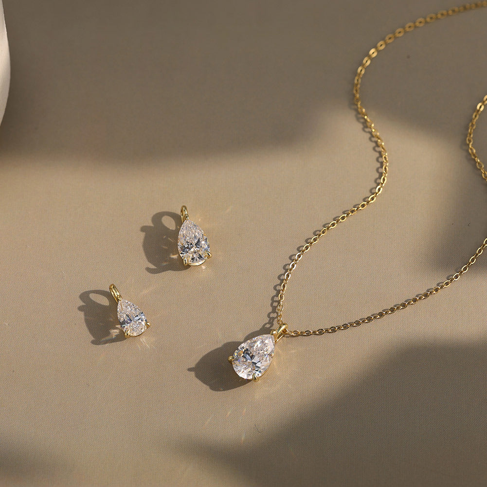 Gold Stainless Steel Pear Cut CZ Solitaire Necklace, Four Prong Teardrop Cubic Zirconia Pendant Cable Chain