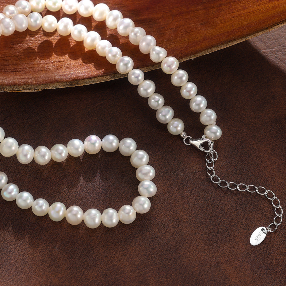 Graduated Lustrous White Freshwater Pearl Full Strand Necklace, Irregular Cultured Pearls S925 Silver Adjustable Chain