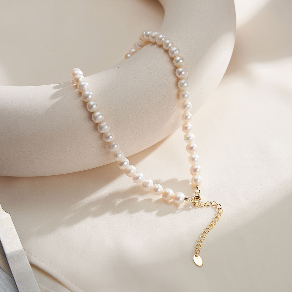 Lustrous White Irregular Potato Freshwater Pearl Choker Necklace, Full Strand Cultured Pearls S925 Gold Plated Adjustable Chain