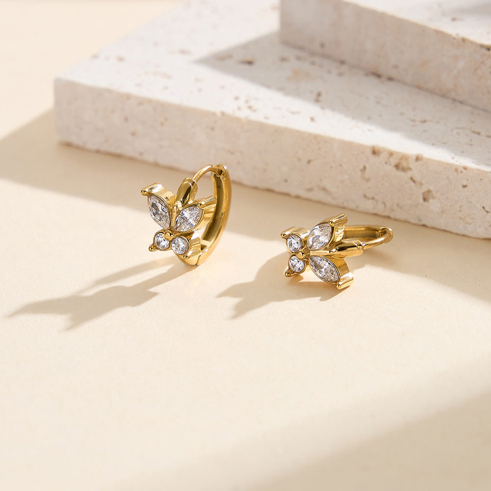 Gold Plated Stainless Steel Marquise & Round CZ Butterfly Huggie Hoop Earrings