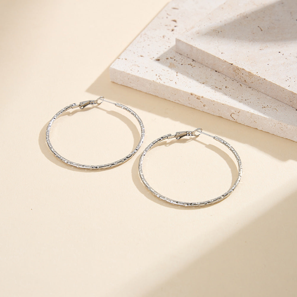 Gold Plated Stainless Steel Hammered Texture Large Round Hoop Earrings