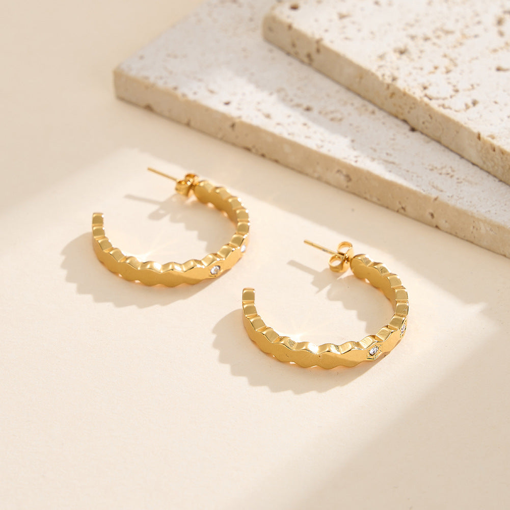Gold Plated Stainless Steel Wavy Hexagon C Hoop Earrings Inlaid with Round CZ Stones