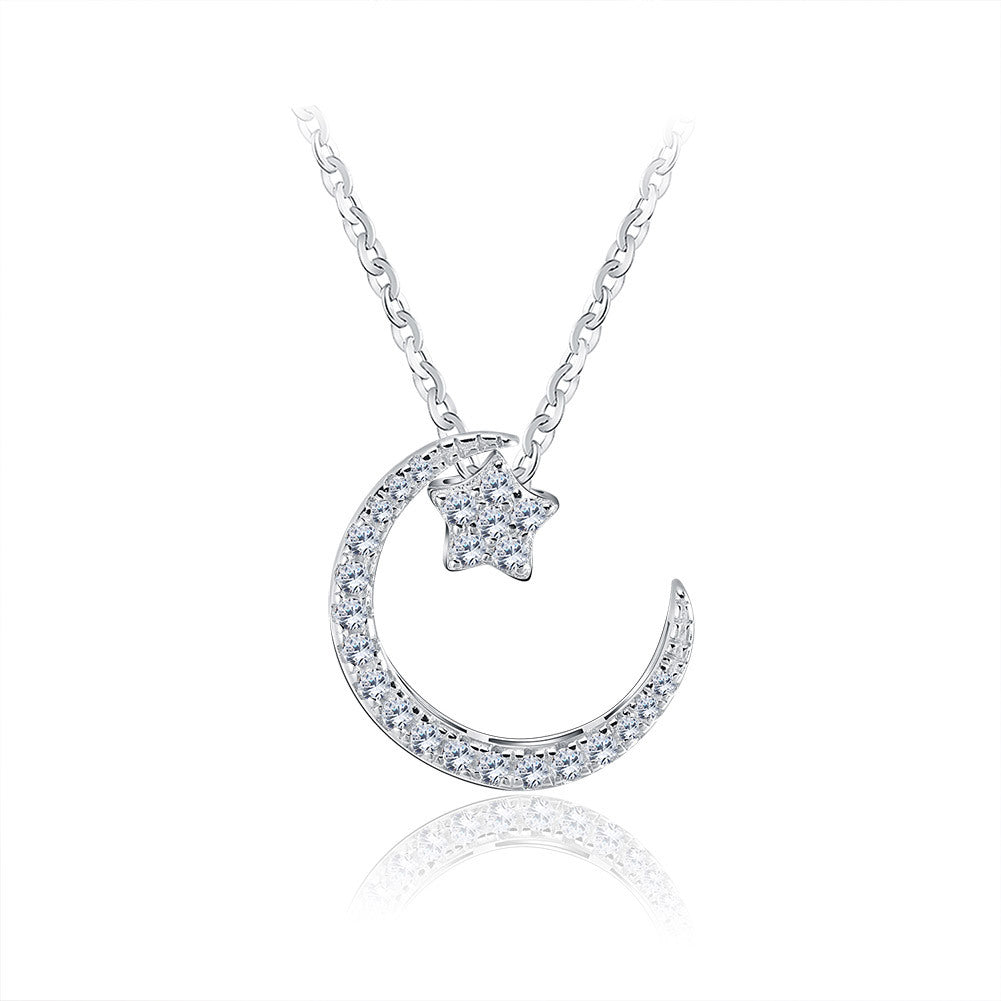 Silver Stainless Steel Moon and Star CZ Necklace, Pave Clear Cubic Zirconia Crescent Moon & Star Pendant Necklace