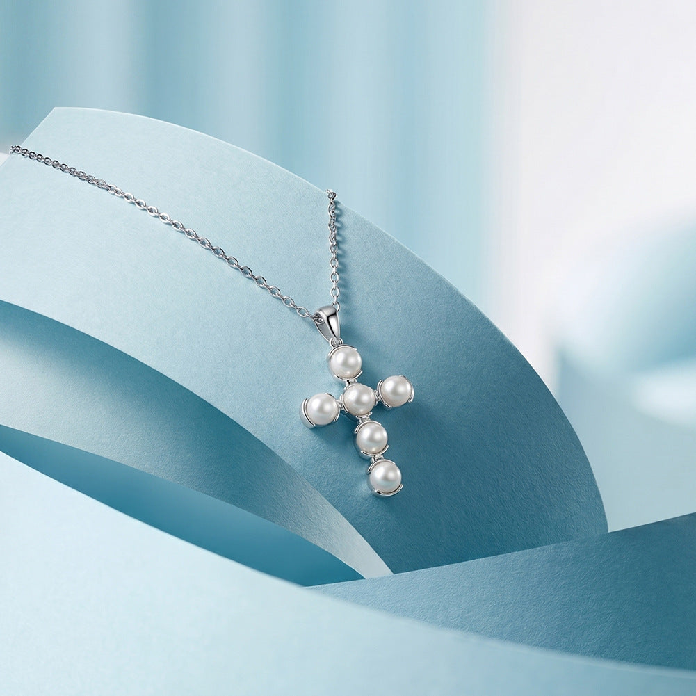 Cross Shape Freshwater Pearl Necklace, 6pcs Round Luminous Cultured Pearls Silver Cross Pendant