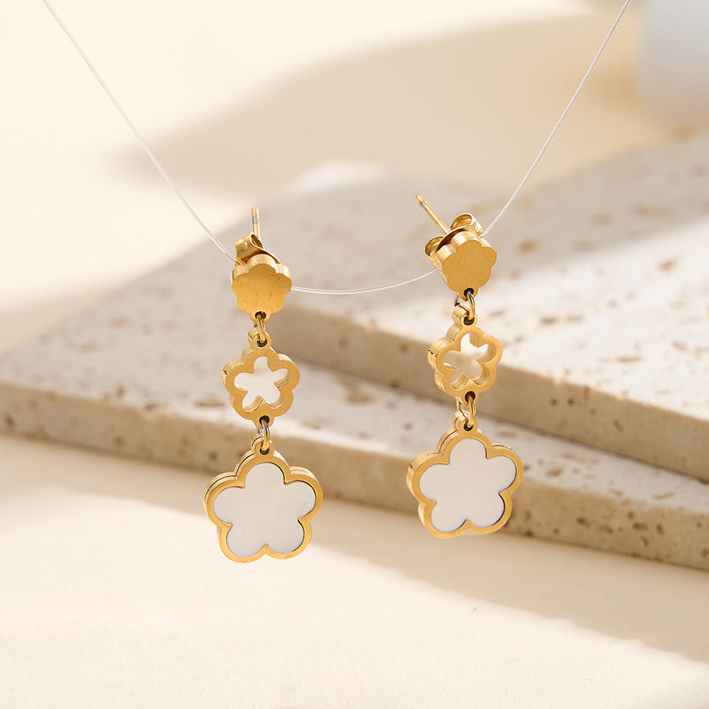 Silver Stainless Steel Triple Clover Drop Earrings With Natural Mother Of Pearl Inlay