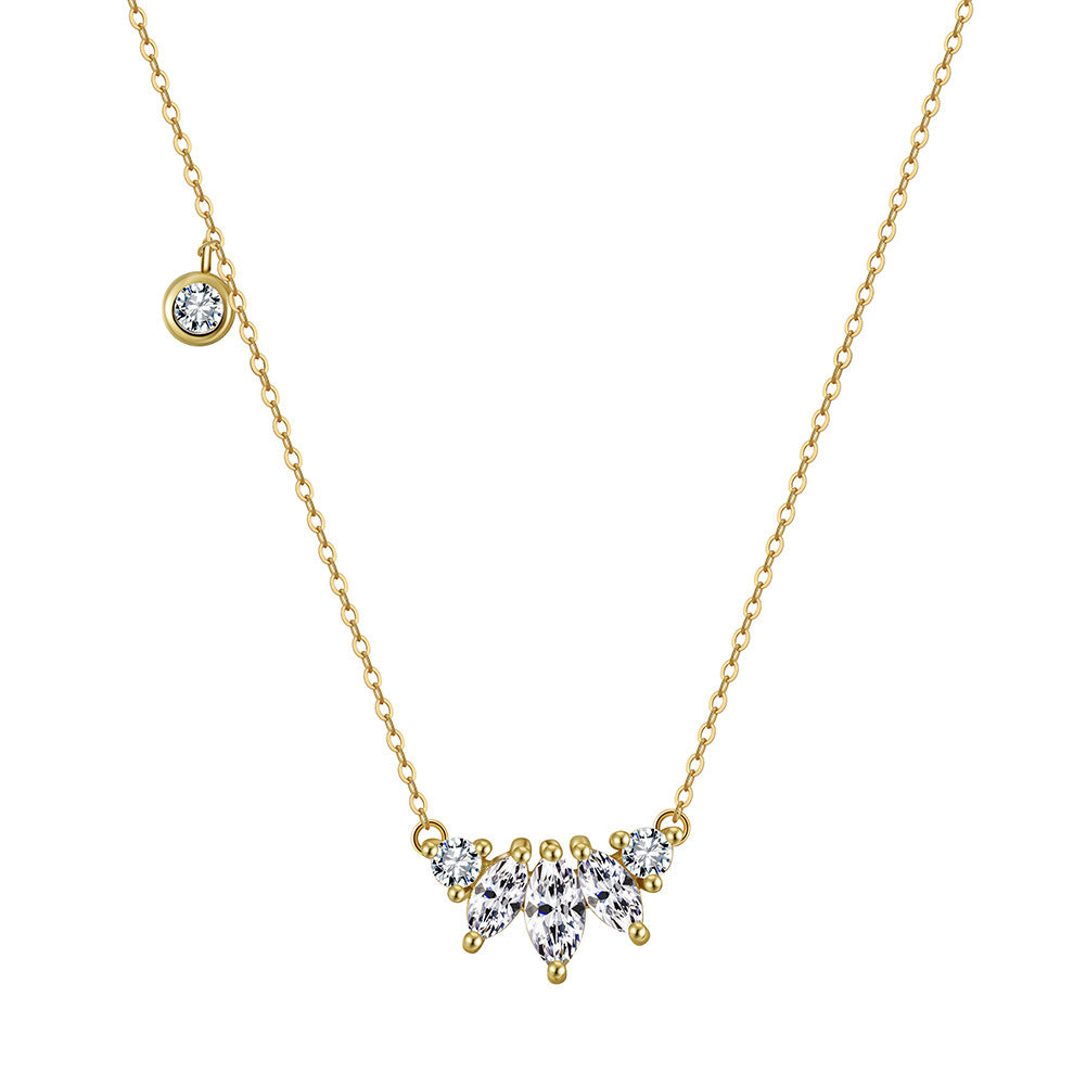 Silver Stainless Steel Marquise CZ Cluster Necklace, Leaf Shape Clear Cubic Zirconia Pendant with Single Side Tiny CZ Accent