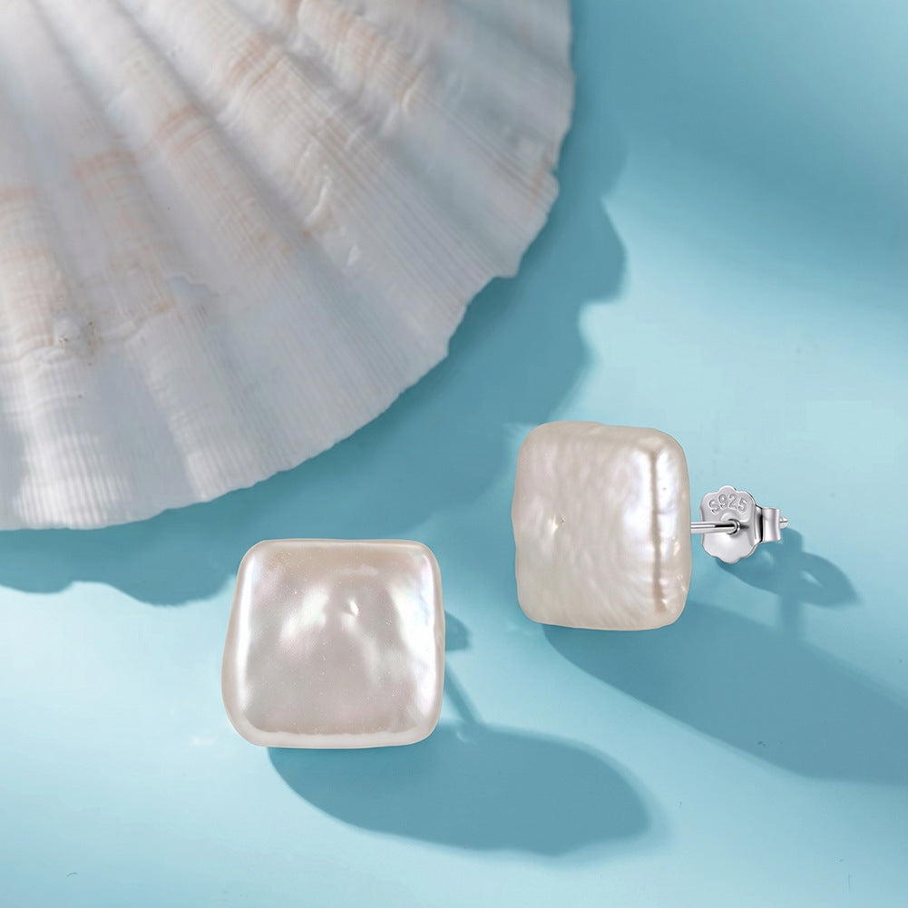 S925 Sterling Silver Square Baroque Pearl Stud Earrings, Lustrous Irregular Square Freshwater Pearl Minimalist Ear Studs