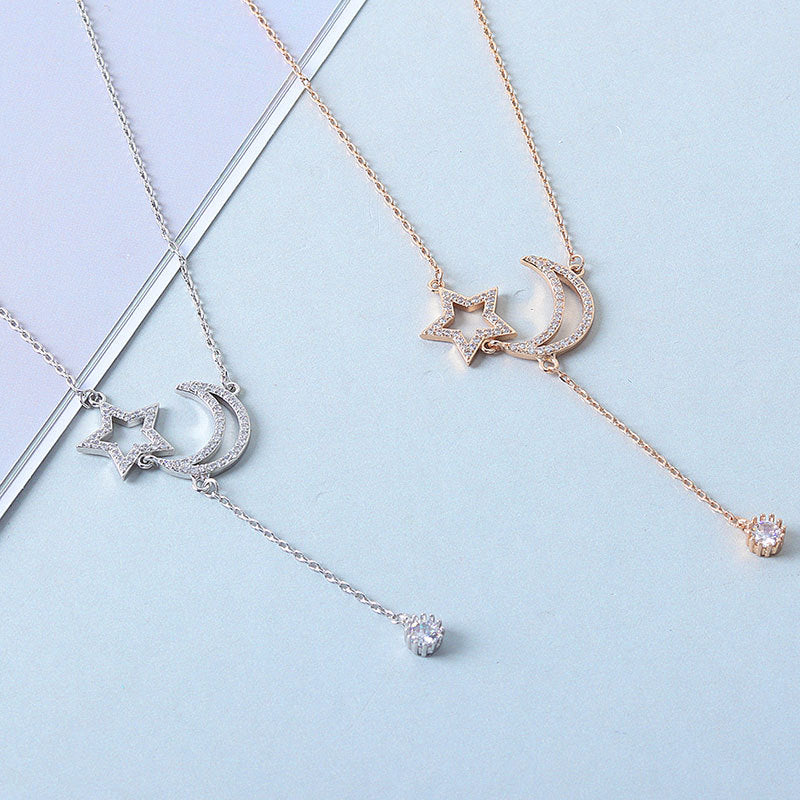 925 Sterling Silver Fashion Moon and Star Necklace