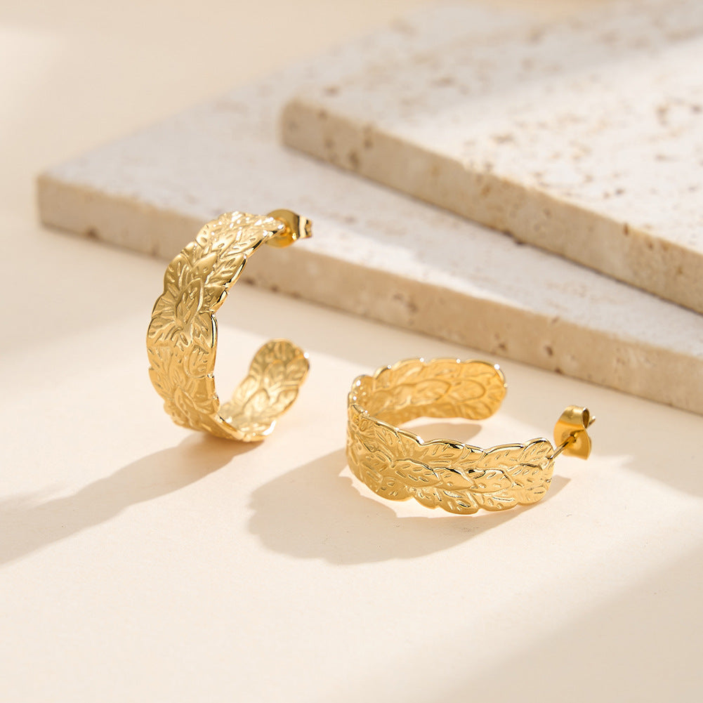 Gold Plated Stainless Steel Wide C Hoop Earrings with Embossed Leaf Pattern