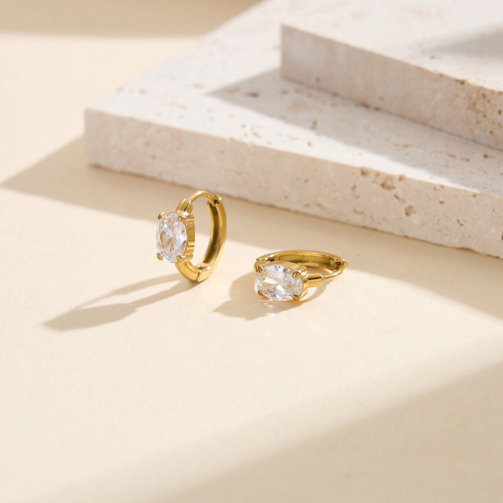 Gold Plated Stainless Steel Oval Cut Cubic Zirconia Huggie Hoop Earrings