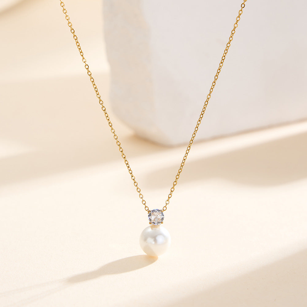 Silver Stainless Steel Dainty Rolo Chain Necklace, Large Round White Pearl Pendant with Round CZ Stone Top