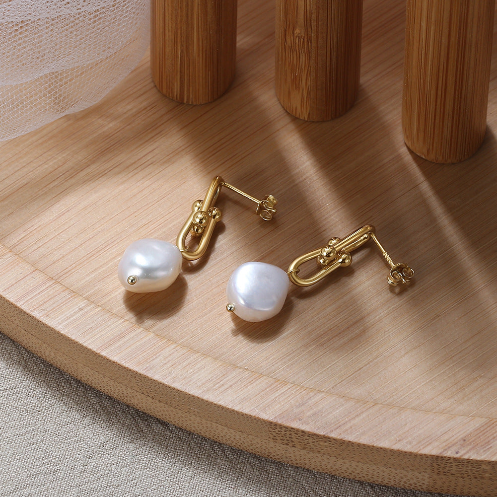 S925 Gold Plated U-Shaped Link Baroque Pearl Drop Earrings, Irregular Organic Freshwater Baroque Pearl with Natural Soft Shine & Modern Hardware Design