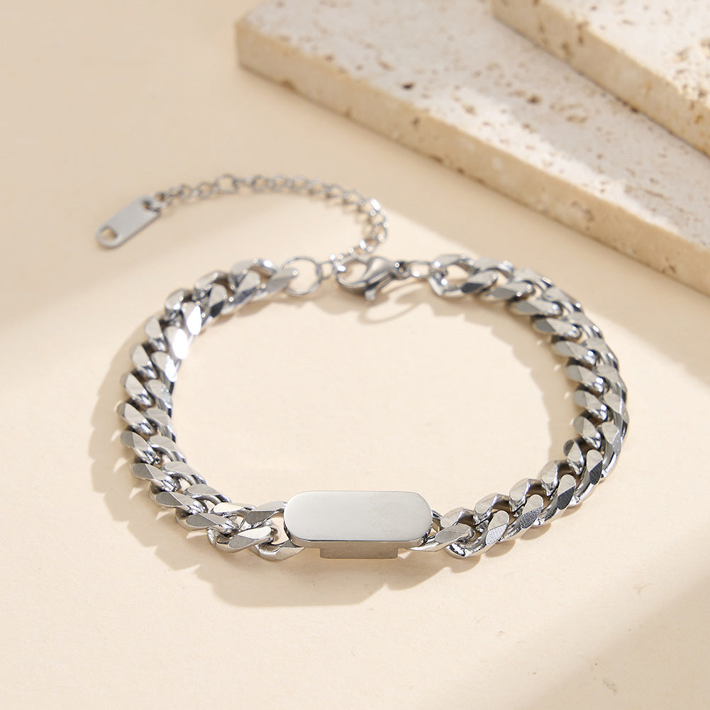 Gold Plated Stainless Steel Chunky Curb Chain Bracelet, Blank Rectangular Engravable Tag, Adjustable Extension