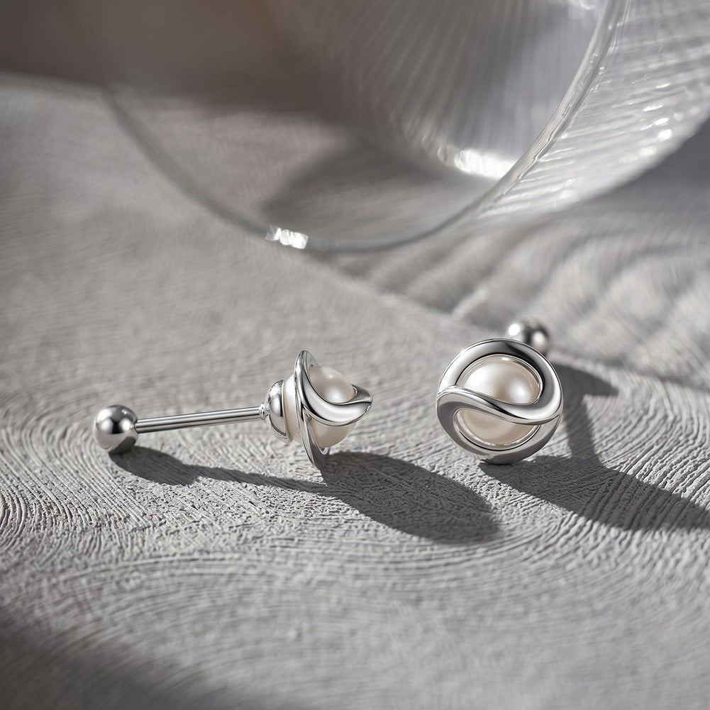 S925 Sterling Silver Twisted Wrap Round Freshwater Pearl Screw Back Stud Earrings, Minimalist Spiral Frame Pearl Ear Piercing Studs