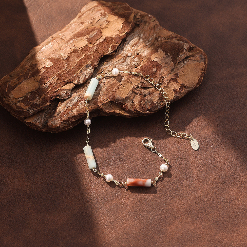 S925 Gold Plated Chain Bracelet, Lustrous Round Freshwater Pearls paired with Natural Striped Cylinder Gemstone Beads, Dainty Flat Chain, Adjustable Extension Chain