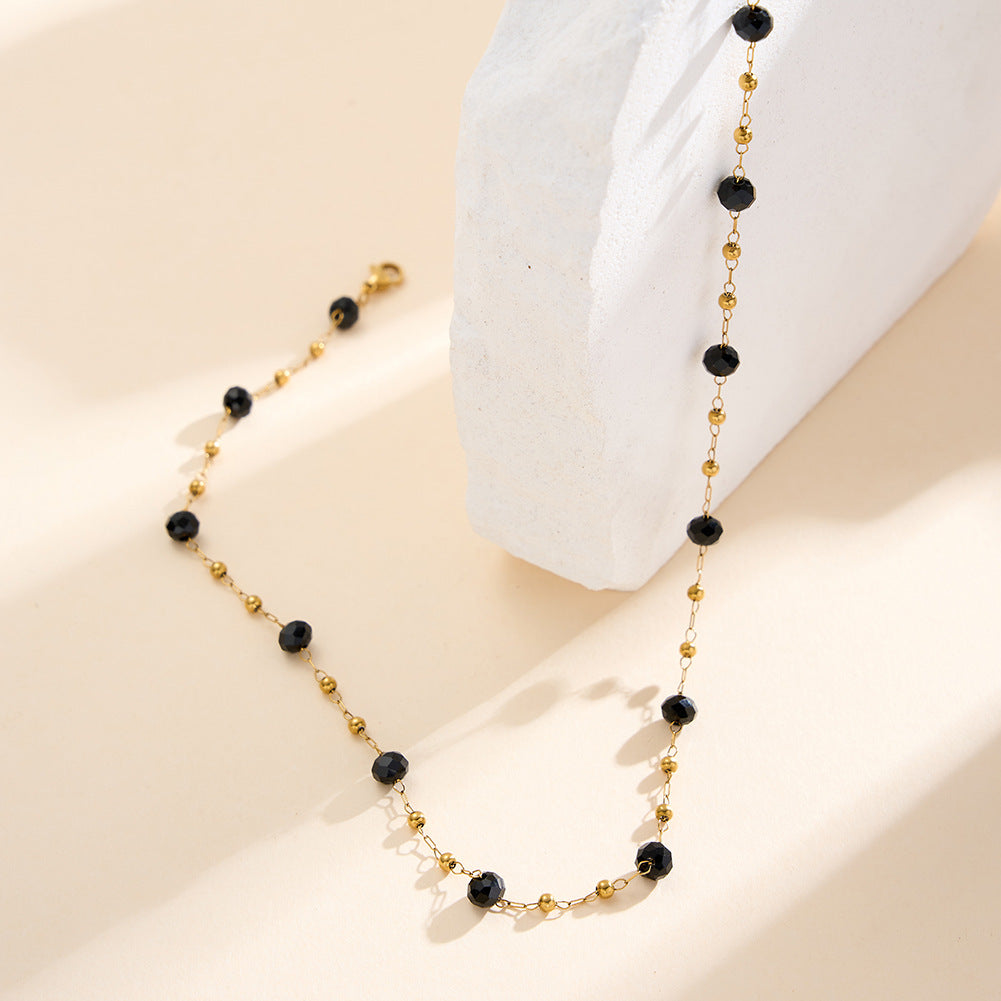 Gold Stainless Steel Double Strand Beaded Necklace, Faceted Black Crystal & Tiny Gold Ball Station Chain, Adjustable Extension