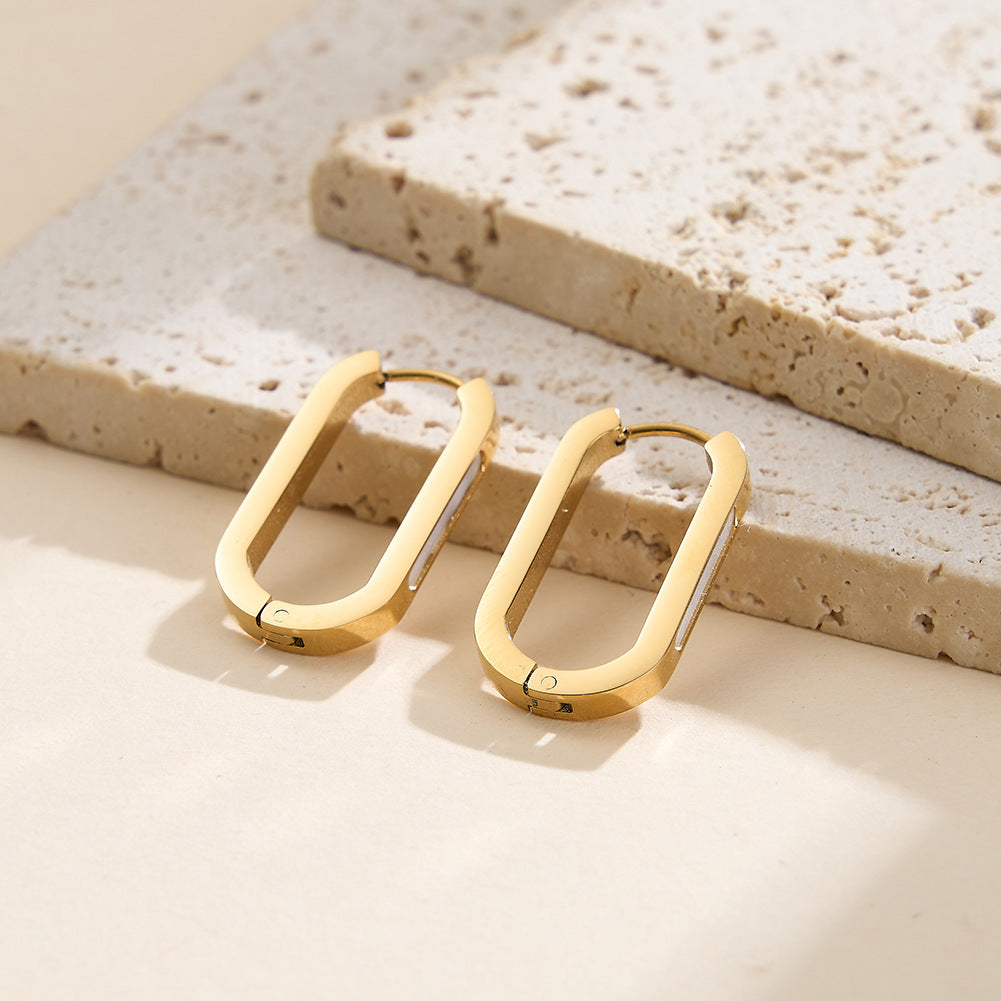 Silver Stainless Steel Rectangular U-Shape Hoop Earrings with Mother of Pearl Inlay