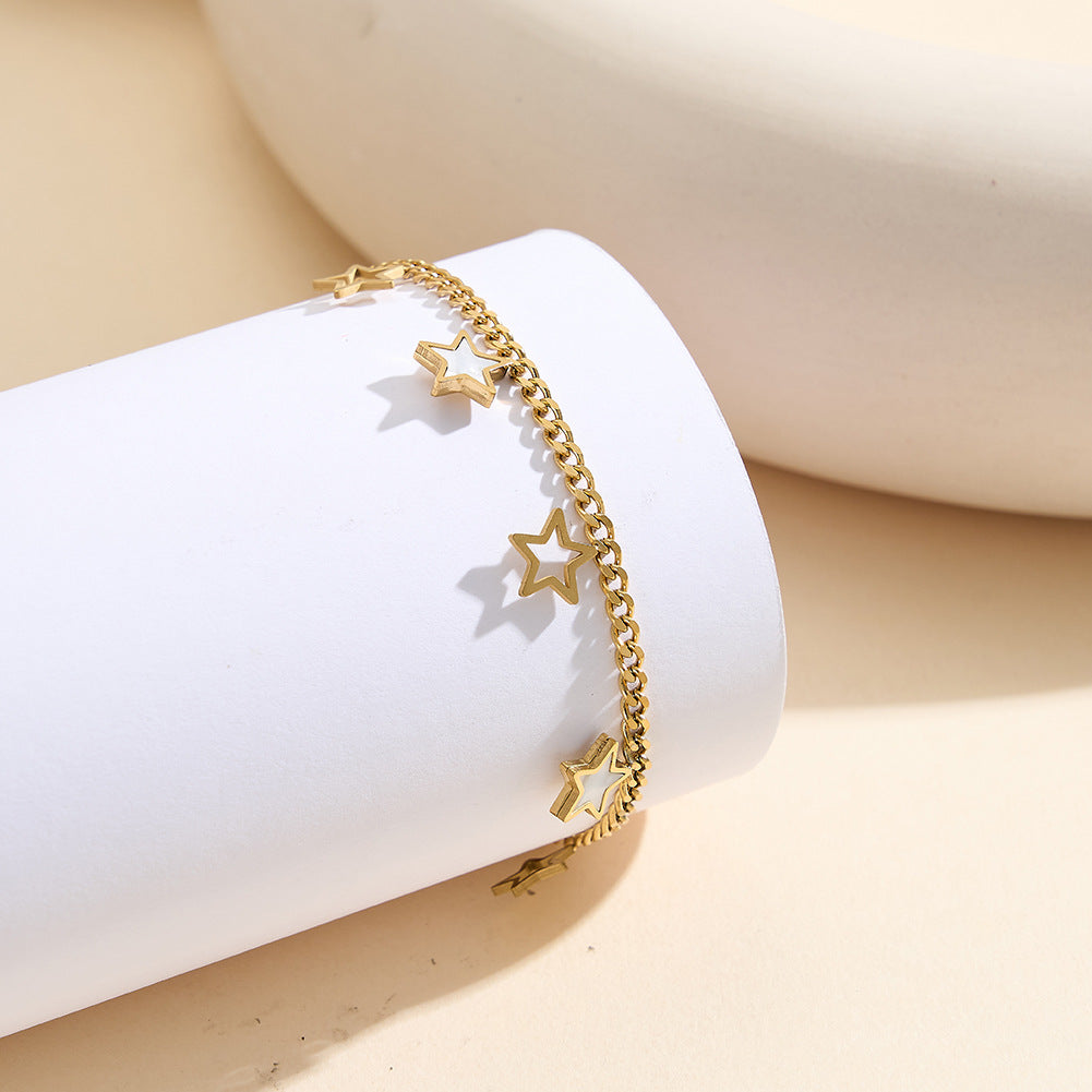 Gold Plated Stainless Steel Curb Chain Star Bracelet, Hollow Star Outlines & White Mother of Pearl Inlaid Star Pendants