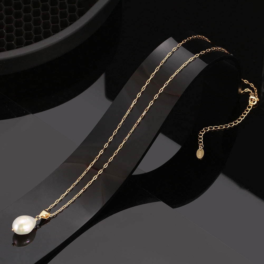 Silver Paperclip Chain Necklace, Single Teardrop Lustrous Freshwater Pearl Wire Wrapped Solitaire Pendant