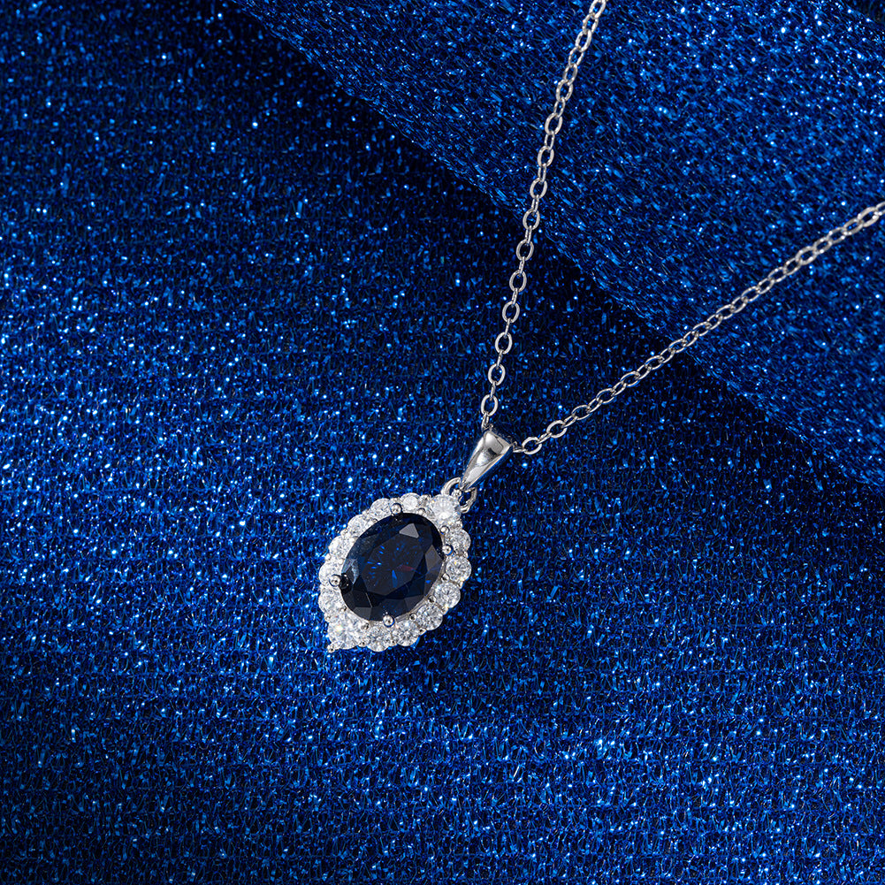 Silver Stainless Steel Oval Blue CZ Halo Pendant Necklace, Oval Deep Blue Cubic Zirconia Surrounded With Pave Clear CZ Stones