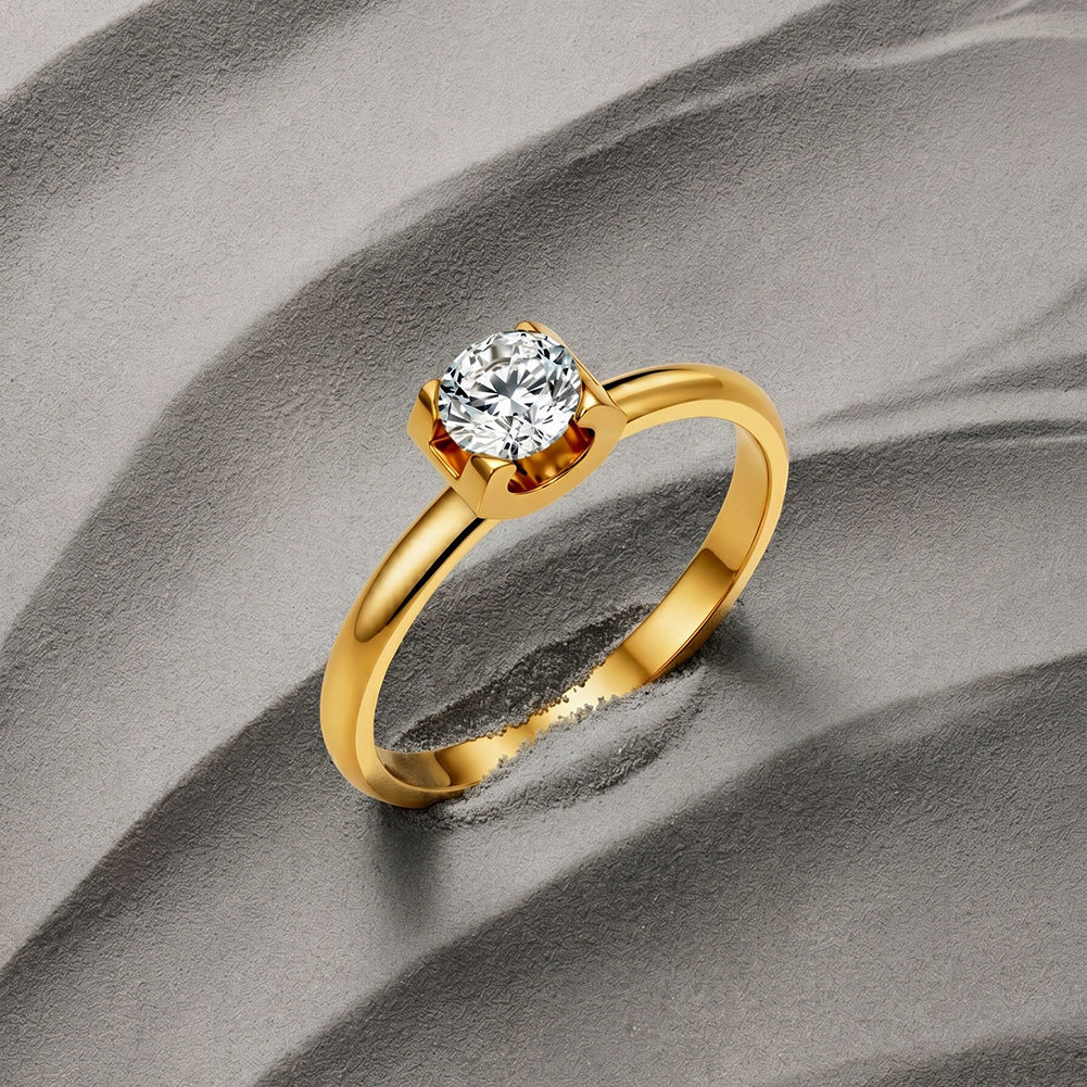Gold Plated Stainless Steel Minimalist Solitaire Round CZ Engagement Style Ring