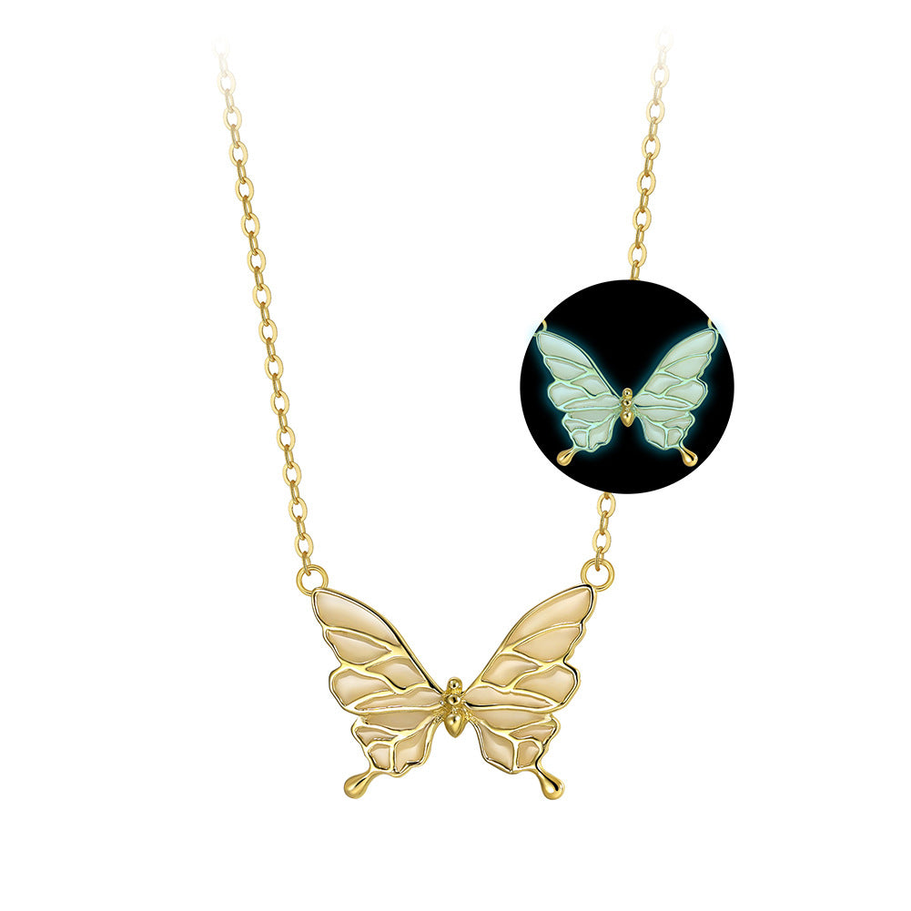 Gold Stainless Steel Glow In The Dark Butterfly Pendant Necklace, Luminous Enamel Butterfly Charm Cable Chain Necklace