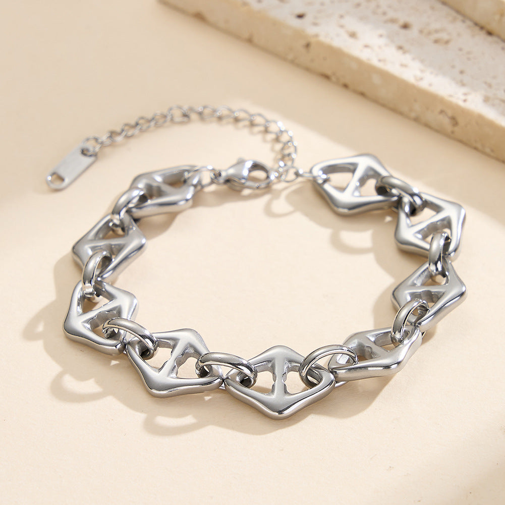 Gold Plated Stainless Steel Hollow Rhombus Link Bracelet, Openwork Diamond Shaped Chain Links, Adjustable Extension