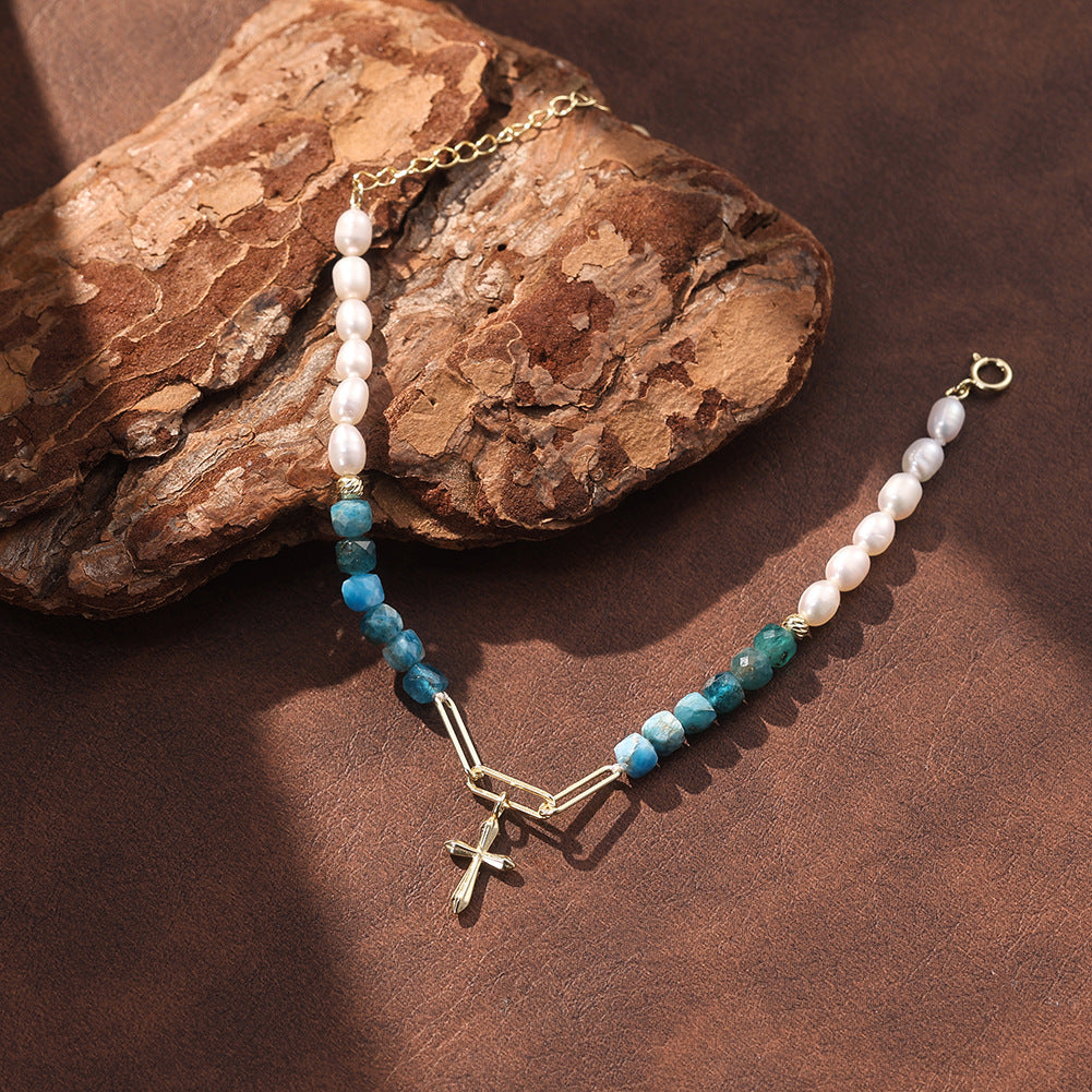 S925 Gold Plated Cross Charm Bracelet, Rice-shaped Lustrous Freshwater Pearls with Faceted Blue Apatite Stones, Paperclip Link & Cross Pendant