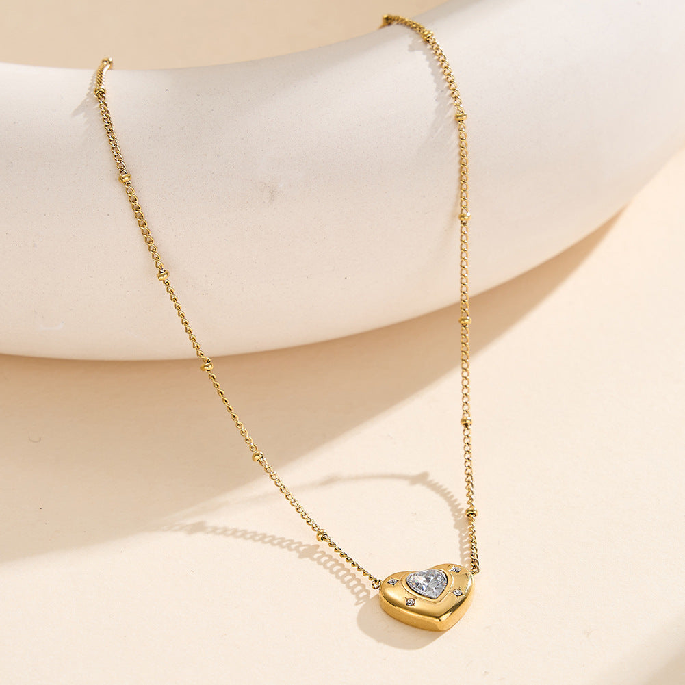 Gold Stainless Steel Heart CZ Pendant Necklace, Large Heart Cut Cubic Zirconia with 4 Small Accent CZ Stones, Adjustable Rolo Chain